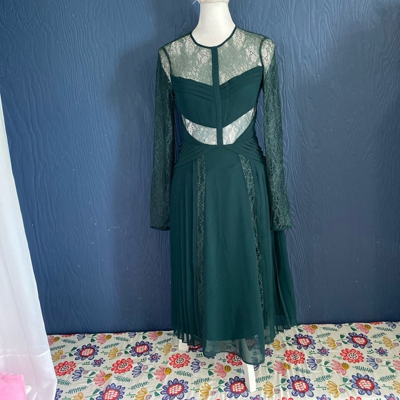 Asos Pleated Midi Dress Size 2 Sheer Green Lace - Picture 2 of 7
